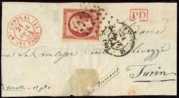 No 18, Carmin, Obl Gros Points Sur Fragment De Lettre Avec Cad Rouge Bau Central De Paris Janv 54, Pour Turin, Jolie Piè - 1853-1860 Napoleone III