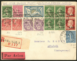 Lettre Aérogrammes. France-Madagascar 15 Août 29. Afft 253 (bloc De Quatre + Un) + 254 + 255 Paire Verticale + Divers Su - Premiers Vols