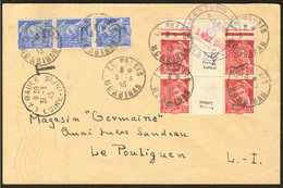 Lettre Nos 1 Bande De Trois Verticale + 2 Bloc De Quatre Interpanneaux Bdf, Sur Enveloppe Avec Censure 23 Marz 45, Pour  - War Stamps