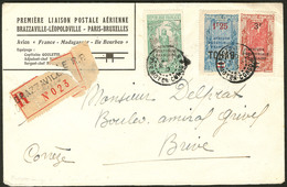 Lettre Nos 79 + 101 + 103, Obl Brazzaville 20 Mars 1930 Sur Enveloppe Illustrée 1ère Liaison Brazzaville-Léopoldville-Pa - Autres & Non Classés