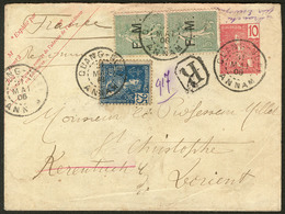 Lettre Enveloppe Entier 10c (N°28) + 31 + France FM 3 Paire Verticale, Obl Quang-Ngai Annam, Recomm. Pour La France. - T - Altri & Non Classificati