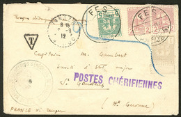 Lettre Postes Chérifiennes. Nos 1 + 2 Paire + 3, Obl Fès Sept 1912, Sur Enveloppe Via Tanger Pour La France. - TB - Locals & Carriers