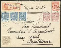 Lettre Postes Chérifiennes. Nos 1 + 2 Paire + 4 + 5 Bande De Trois, Sur Enveloppe Recommandée De Tanger Sept 1917 Pour C - Locals & Carriers