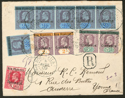 Lettre Nos 7 Paire + 8 (bande De Cinq + Un) + 9 Paire + 13, Obl Port Vila Avril 1909 Sur Enveloppe Recommandée Pour La F - Autres & Non Classés