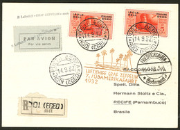 Lettre EGEE. Poste Aérienne. No 11 (2) Obl Cad Rhodes 14.9.32 Sur Enveloppe Recomm. Avec CS Zeppelin 1932. - TB - Aegean