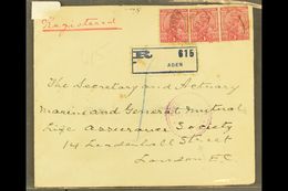 1917 Registered Cover To London Bearing India 1a KGV Strip Of Three Tied By Aden Cds's; Alongside Aden Registration Labe - Aden (1854-1963)