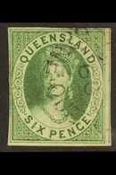 QUEENSLAND 1860 6d Green Imperf., SG 3, A Superb Used Example With 4 Margins & Crisp 1860 Cds Cancellation. Rarely Encou - Altri & Non Classificati
