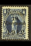1912 10c On 1c Blue With BLACK SURCHARGE Variety (Scott 101d, SG 129b), Fine Mint, Expertized A.Roig & Kneitschel, Fresh - Bolivië