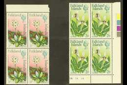 1974 Flowers Definitive ½d And 2d With Watermark Upright, SG 293/94, Never Hinged Mint Marginal BLOCKS OF FOUR. (2 Block - Falkland Islands