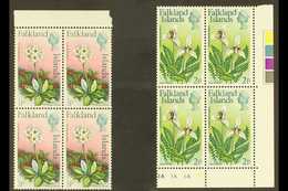 1974 Flowers Definitive ½d And 2d With Watermark Upright, SG 293/94, Never Hinged Mint Marginal BLOCKS OF FOUR. (2 Block - Falkland