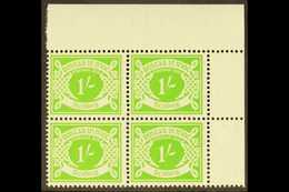 POSTAGE DUE 1940-70 1s Apple-green With WATERMARK SIDEWAYS Variety, SG 14a, A Superb Never Hinged Mint Top Right Corner  - Other & Unclassified