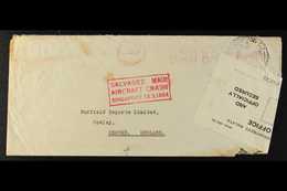 1954 SALVAGED MAIL, AIRCRAFT CRASH 13.3.1954 Red Boxed Cachet On Meter Mail Envelope From New Zealand To England, Postal - Singapore (...-1959)