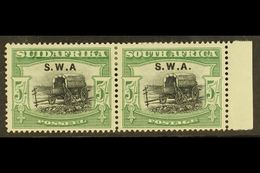 1927 5s Black And Green, Bi-lingual Pair, Ovptd S.W.A., Variety Left Stamp "without Stop After A", SG 66a, Fresh Mint, S - South West Africa (1923-1990)