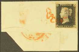 1840 1d Black, Lettered "QC", Plate 4, SG 2, Fine Used With Four Good To Large Neat Margins, Tied To A Large Piece Of En - Unclassified