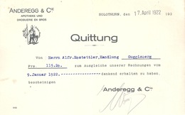 Quittung  "Anderegg, Apotheke Und Droguerie En Gros, Solothurn"           1922 - Schweiz