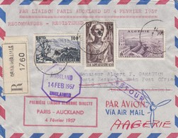 LETTRE. ALGERIE. 4 FEV 1957. PREMIERE LIAISON AERIENNE DIRECTE PARIS-AUCKLAND. RECOMMANDE ORAN   / 3 - Airmail