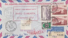 LETTRE. ALGERIE. 6 SEPT 1957. PREMIERE LIAISON AERIENNE DIRECTE PARIS-DJAKARTA. RECOMMANDE ALGER   / 3 - Airmail