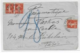 POSTE PNEUMATIQUE ! - 1912 - SEMEUSE - ENVELOPPE De PARIS 81 - - 1906-38 Säerin, Untergrund Glatt