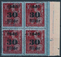 ** 1945 Kisegítő 30f/30f ívszéli Négyestömb Kettős Felülnyomással. Látványos, Ritka Darab! / Mi 789 Block Of 4 With Doub - Autres & Non Classés