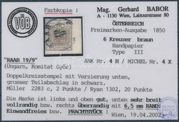 O 1850 6kr HP III  6,5 Mm ívszéllel 'RAAB' Certificate: Babor - Sonstige & Ohne Zuordnung