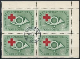 O 1957 Postáskórház 10Ft ívsarki Négyestömb Benne Lemezhibás Bélyeg - Sonstige & Ohne Zuordnung