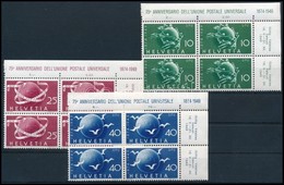 ** 1949 UPU Sor ívsarki Négyestömbökben,
UPU Set  In Corner Blocks Of 4
Mi 522-524 - Altri & Non Classificati