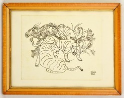 Kádár Jelzéssel: Tigrisek. Tus, Papír, üvegezett Keretben, 24×30 Cm - Other & Unclassified