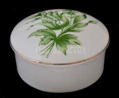 Hollóházi Porcelán Zöld Virágmintás ékszertartó Doboz, Matricás, Jelzett, Hibátlan, D: 7 Cm, M: 3 Cm - Other & Unclassified