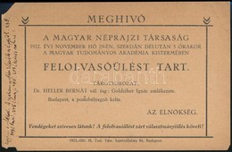 1922 Meghívó A Magyar Néprajzi Társaság Felolvasóülésére Rajta Heller Bernát Saját Kezű írásával - Otros & Sin Clasificación