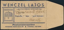 Wenczel Lajos Magyar Korona Gyógyszertára Pestszenterzsébet Receptboríték - Publicidad