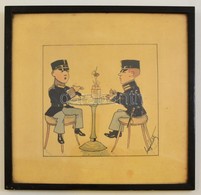Cca 1910 Olvashatatlan Jelzéssel: Falatozó Katonák (Karikatúra). Akvarell, Papír, üvegezett Keretben, 16,5×16,5 Cm - Autres & Non Classés