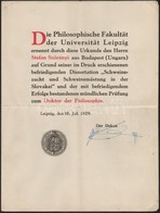 1929 A Lipcsei Egyetem Filozófia Szakának Filozófia Doktori Oklevele Magyar Személy Részére A 'Sertésnevelés és Sertéshí - Unclassified