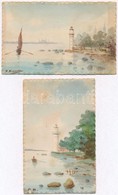** 2 Db RÉGI Saját Kézzel Festett, Szignós Művészlap Világítótoronyról / 2 Pre-1945 Hand-painted Art Postcard With Light - Unclassified