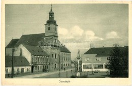 ** T2/T3 Somorja, Samorín; Templom, Utca, Földműves Kölcsönös Pénztárak Szövetsége, Szobor  / Street, Church, Statue, Fa - Unclassified