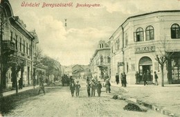 ** T3 Beregszász, Berehove; Bocsky Utca, Farkas J., Fuchs Emil és Jászay Ignácz üzlete. W.L. Bp. 6054./ Street View, Sho - Zonder Classificatie