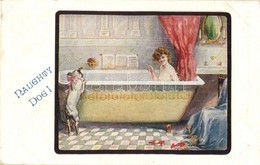 T2/T3 Naughty Dog! Erotic Postcard With Nude Lady In The Bathtub And A Peeping Dog. Inter-Art Co. 'Art Color' Series No. - Unclassified