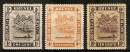 BRUNEI 1924 - 1937 1c, 4c, 10c SG 60, 65, 73 (LIGHTLY) MOUNTED MINT Cat £45 - Brunei (...-1984)