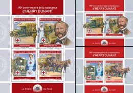 Togo 2018, Red Cross, Dunandt I, Cars, Carriage, Horse, 4val In BF+2BF - Henry Dunant