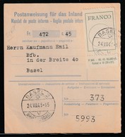 SUISSE - FRANCHISE / FRANCOZETTEL - MANDAT De Poste Interne - Basel Le 24/08/1945 - Franchise