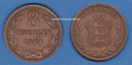 GUERNSEY 1864 VICTORIA HEATON MINT BRONZE  8 DOUBLES  VERY GOOD/FINE CONDITION PLEASE SEE SCAN - Guernsey