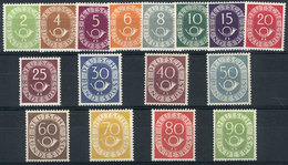 WEST GERMANY: Yvert 9/25, 1951/2 Postal Horn, Cmpl. Set Of 16 MNH Values, VF Quality (the 50Pf. Stamp Has A Small Mark O - Otros & Sin Clasificación