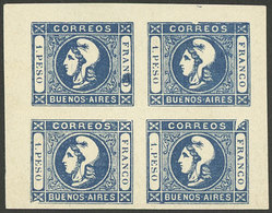 ARGENTINA: GJ.14, 1P. Blue, Reprint In Block Of 4 That Includes VARIETIES In The 4 Examples, Excellent! - Buenos Aires (1858-1864)