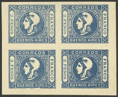 ARGENTINA: GJ.20, 2P. Blue, Reprint In Block Of 4 That Includes VARIETIES In The 4 Examples, Excellent! - Buenos Aires (1858-1864)