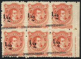 ARGENTINA: GJ.59d, 1882 Provisionals, Small P, Block Of 6 With DIAGONAL OVERPRINT Variety, Also Shifted To The Left, 3 S - Autres & Non Classés