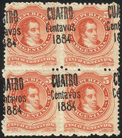 ARGENTINA: GJ.76, Fantastic Block Of 4 With Very Shifted Overprint (over The Perforation), The Top Stamps Have A Tiny An - Otros & Sin Clasificación