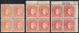 ARGENTINA: GJ.105, 1889 5c. Rivadavia Type I (large Head), 3 Blocks Of 4 In VERY DIFFERENT COLORS, MNH, VF Quality (only - Otros & Sin Clasificación