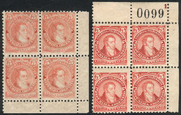 ARGENTINA: GJ.105 + 106, 1889 5c. Rivadavia Type I And II (large And Small Head), Corner Blocks Of 4, Superb, MNH (in Th - Other & Unclassified