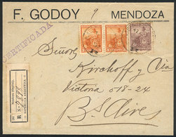 ARGENTINA: GJ.230 (24c. Liberty) + 220 X2, Franking A Front Of Registered Cover Sent From MENDOZA To Buenos Aires, Excel - Other & Unclassified