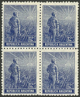 ARGENTINA: GJ.350, 1912 12c. Plowman, Block Of 4 Printed On German Paper, Vertical Honeycomb Wmk And PERF 13½, The Botto - Other & Unclassified