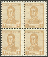 ARGENTINA: GJ.437, 1917 1c. San Martín With HORIZONTAL Honeycomb Wmk And PERF 13½x12½, Superb Block Of 4, The Bottom Sta - Other & Unclassified